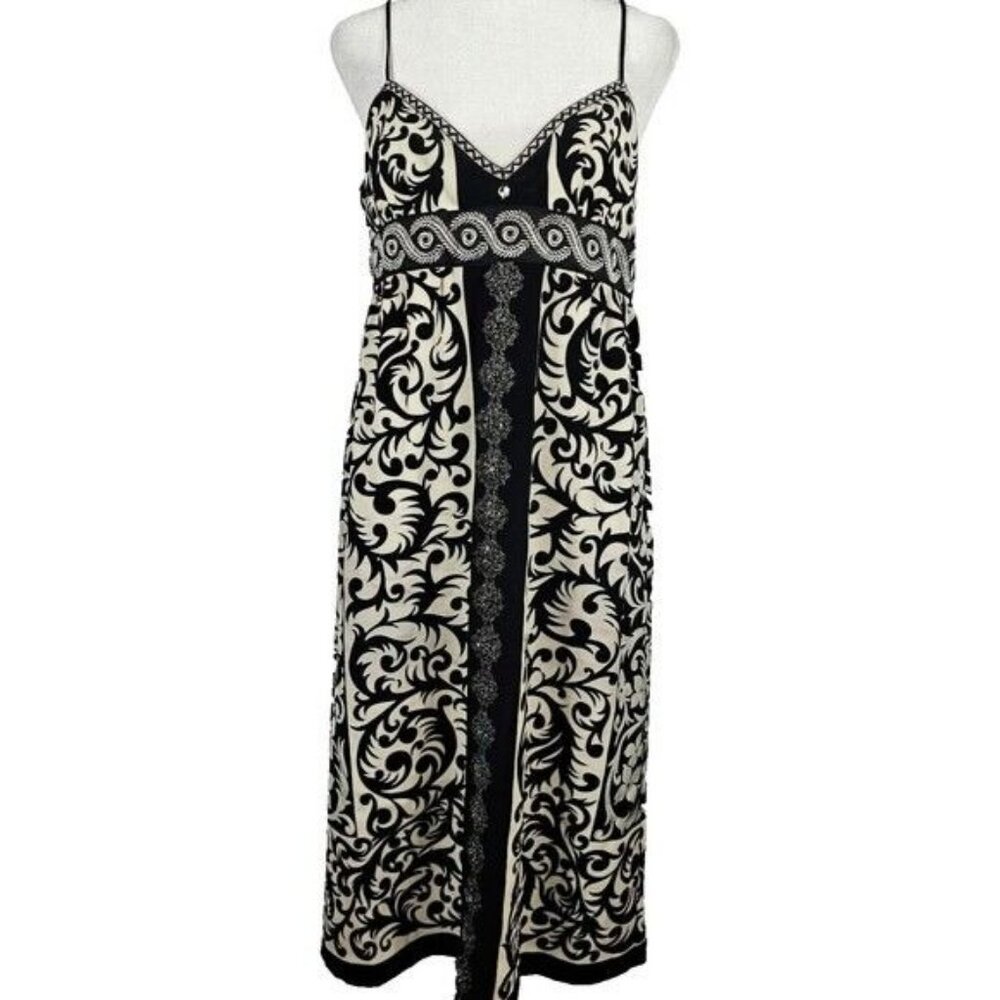Nicole Miller US 4* Black Paisley Lined Silk‎ Strappy Midi Business Casual Dress